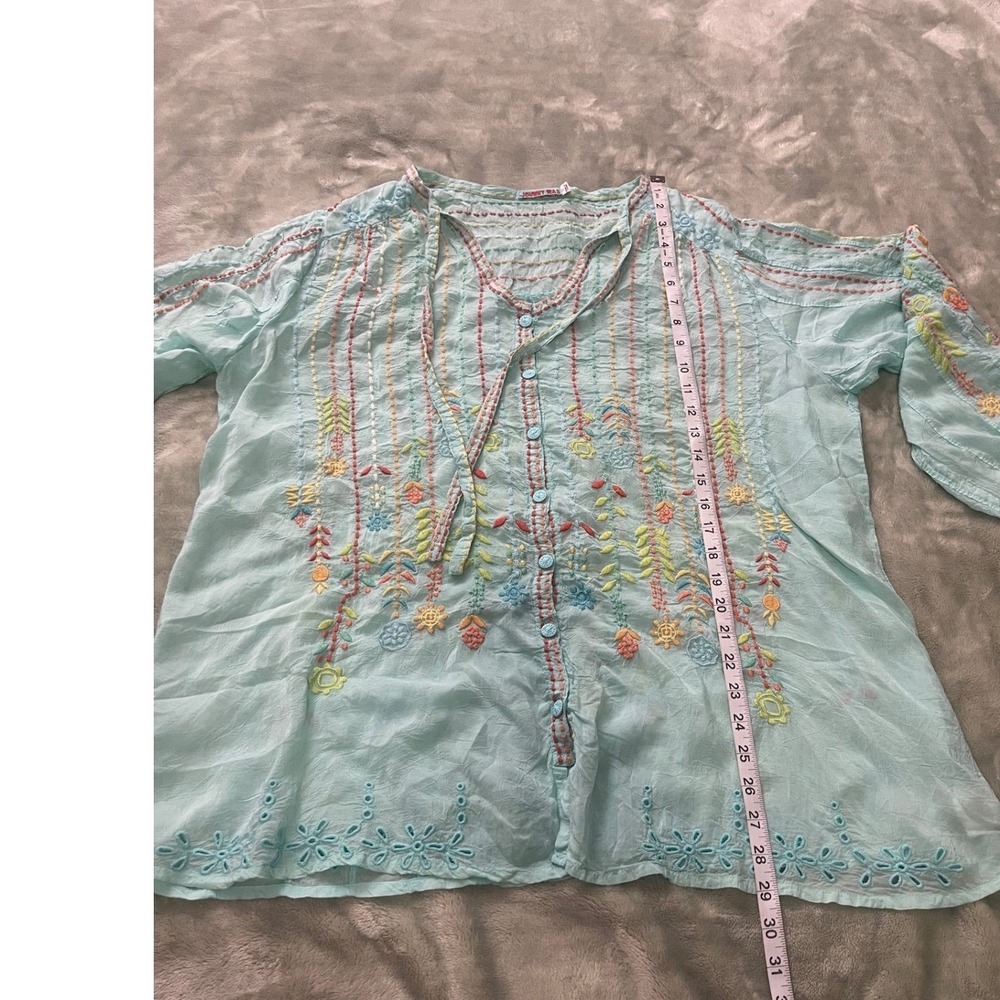 Johnny Was Embroidered Tunic Top Blue Size L V Neck Tie Neck - Picture 7 of 8